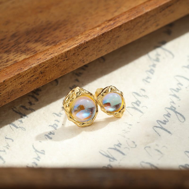 Boucles d'Oreilles Pierre de Lune – Mystère Astral, Argent Plaqué Or