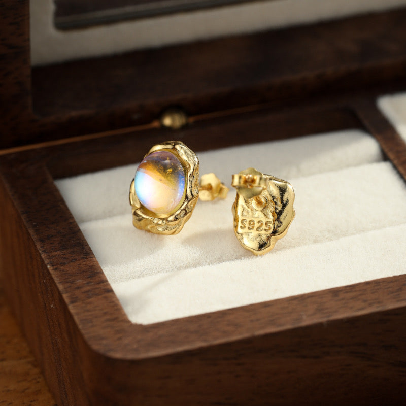 Boucles d'Oreilles Pierre de Lune – Mystère Astral, Argent Plaqué Or