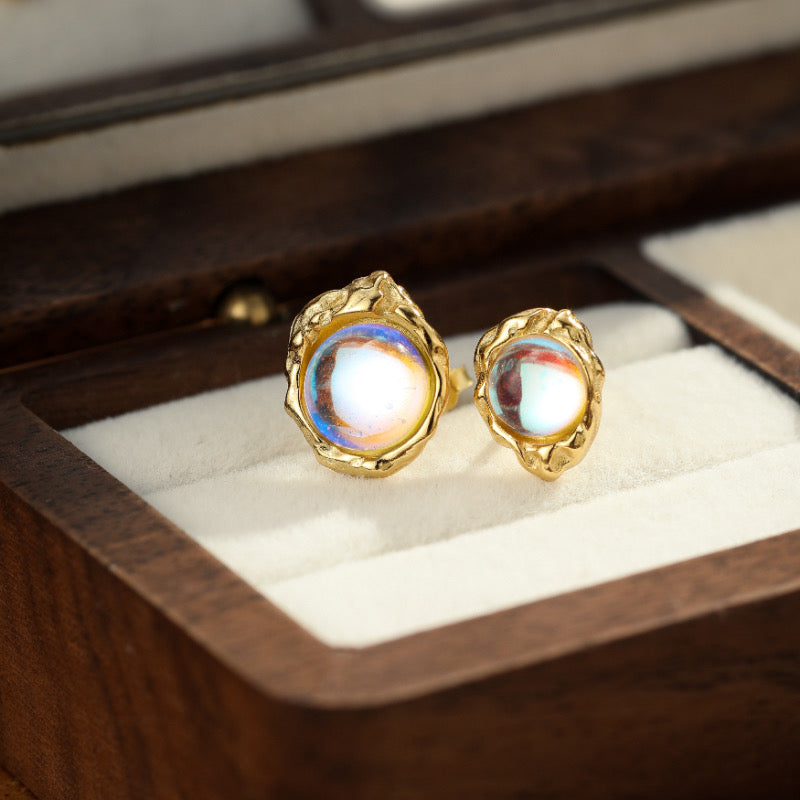 Boucles d'Oreilles Pierre de Lune – Mystère Astral, Argent Plaqué Or