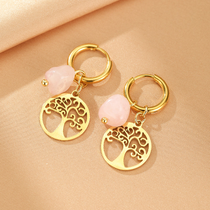 Boucles d'oreilles créoles dorées avec pendentifs Arbre de Vie et pierres roses naturelles