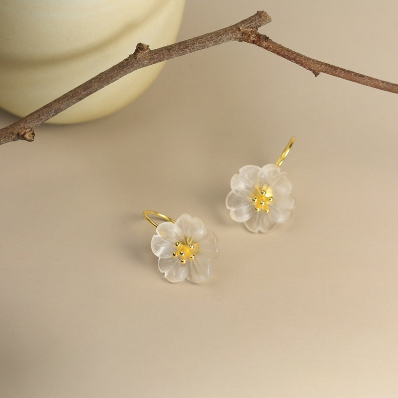 Boucles d'Oreilles Quartz Clair - Élégance Florale, Argent