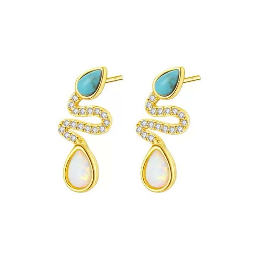 Boucles d'Oreilles Serpent Opale et Turquoise– Larmes de Lagon, Argent 925