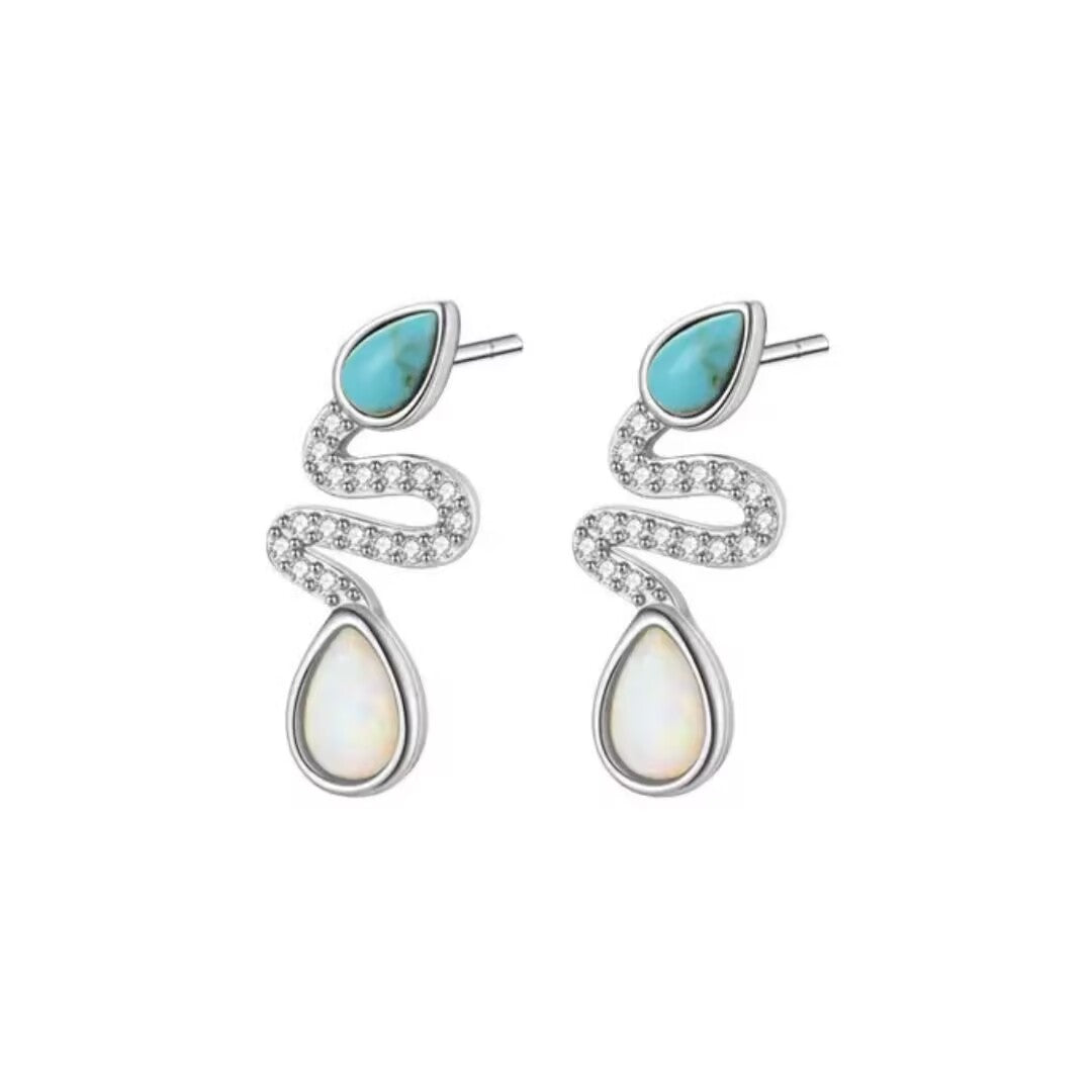 Boucles d'Oreilles Serpent Opale et Turquoise– Larmes de Lagon, Argent 925