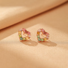 Boucles d'oreilles cœur pavées de tourmalines multicolores en argent 925.