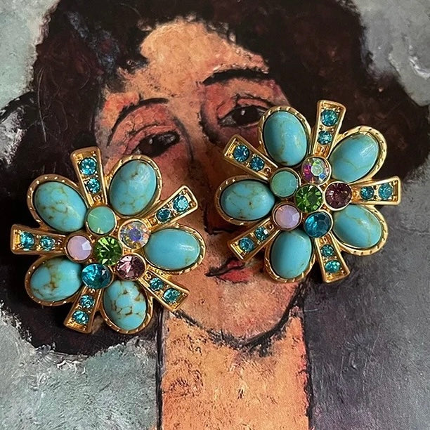 Boucles d'Oreilles Turquoise – Fleur Éternelle, Argent Plaqué Or