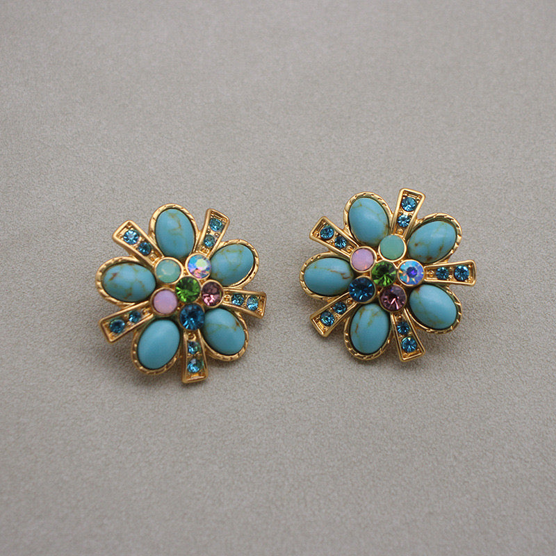 Boucles d'Oreilles Turquoise – Fleur Éternelle, Argent Plaqué Or