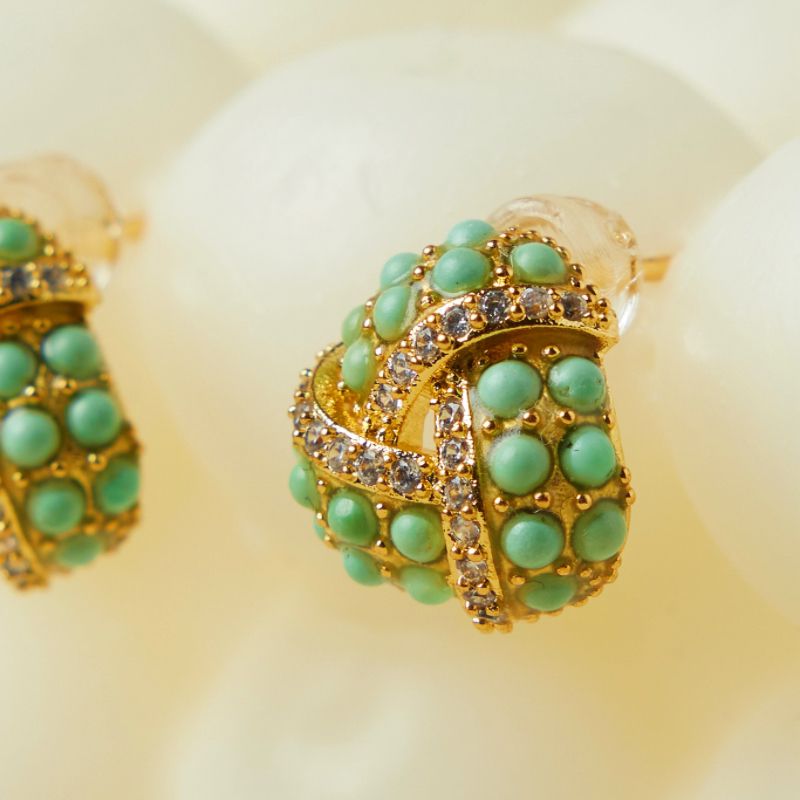 Boucles d'Oreilles Turquoise – Triangle Torsade, Argent Plaqué Or