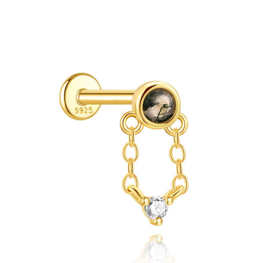 Boucles d’Oreille Agate Mousse – Chaîne Élémentaire, Argent Plaqué Or