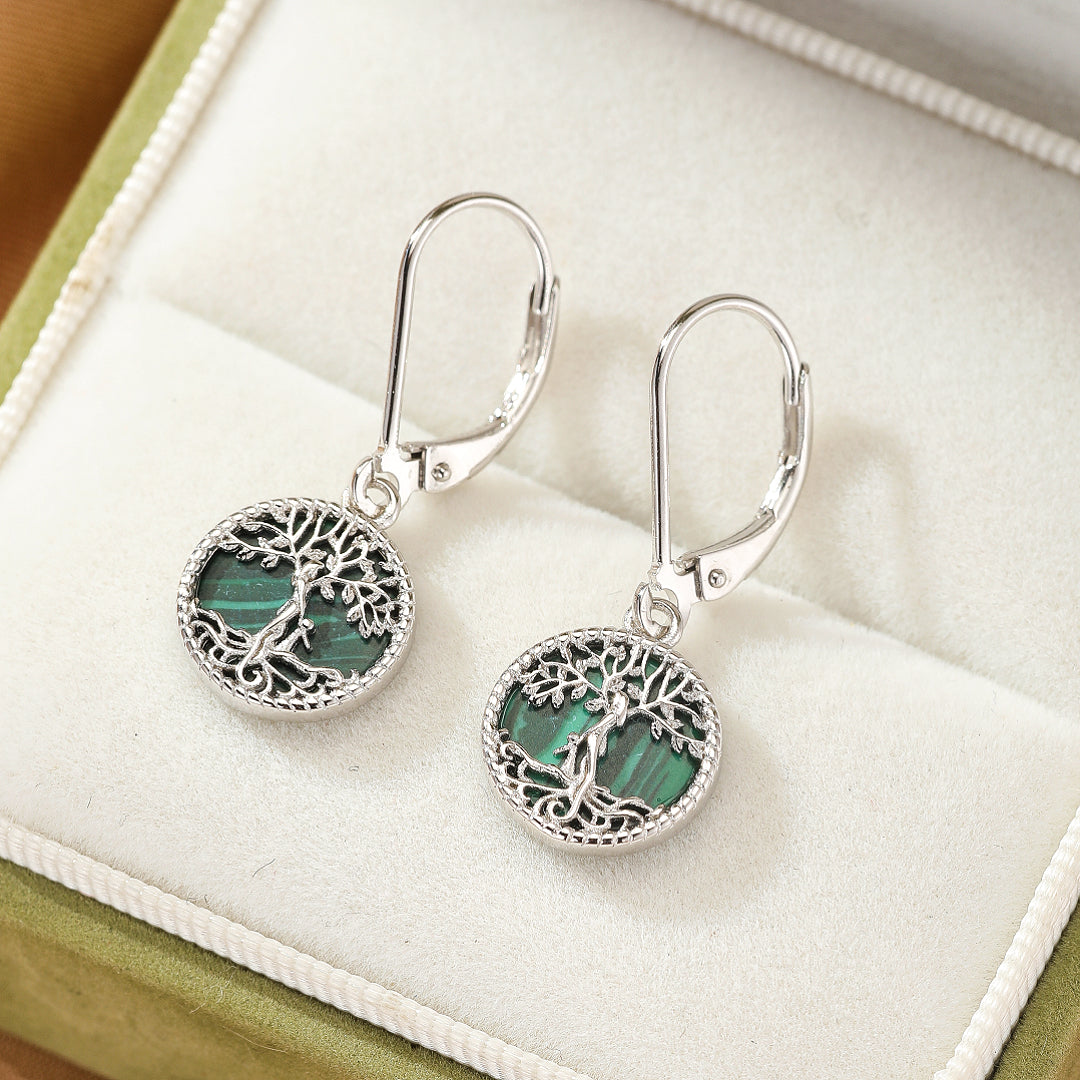Boucles d’oreilles Arbre de Vie Malachite – Racines Sacrées, Argent
