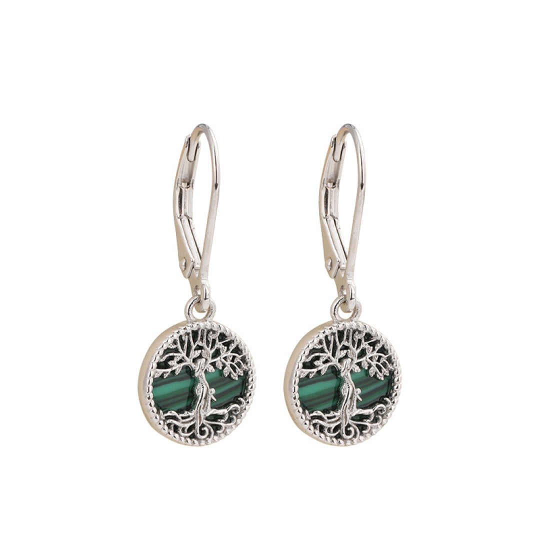 Boucles d’oreilles Arbre de Vie Malachite – Racines Sacrées, Argent
