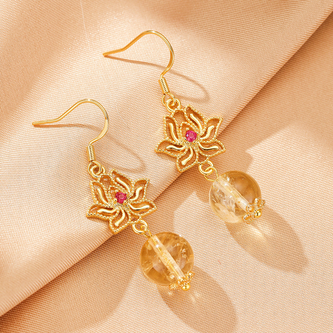 Boucles d’Oreilles Citrine et Lotus – Harmonie Dorée, Argent Plaqué Or