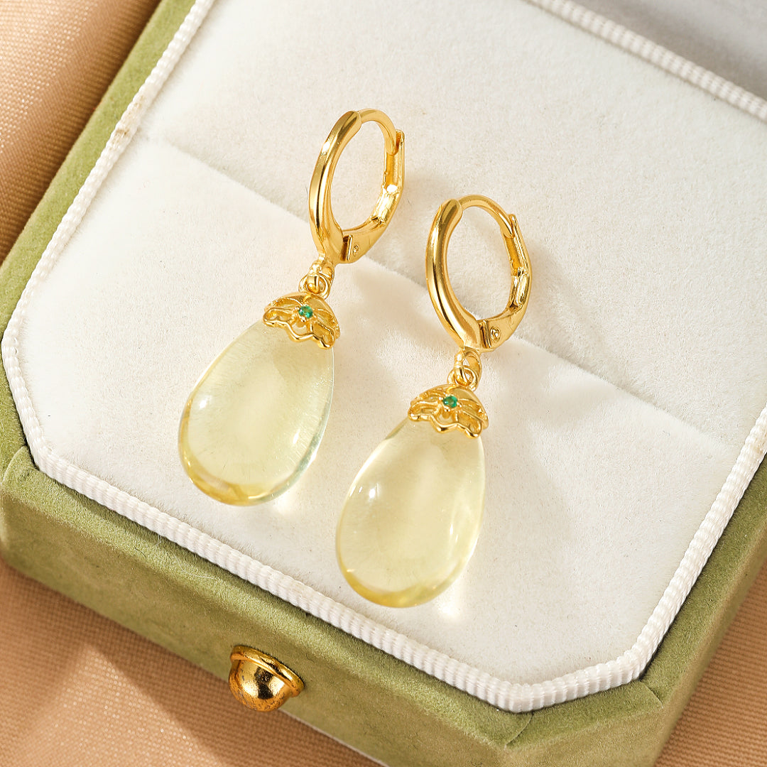 Boucles d’oreilles Citrine – Goutte de Soleil, Argent Plaqué Or