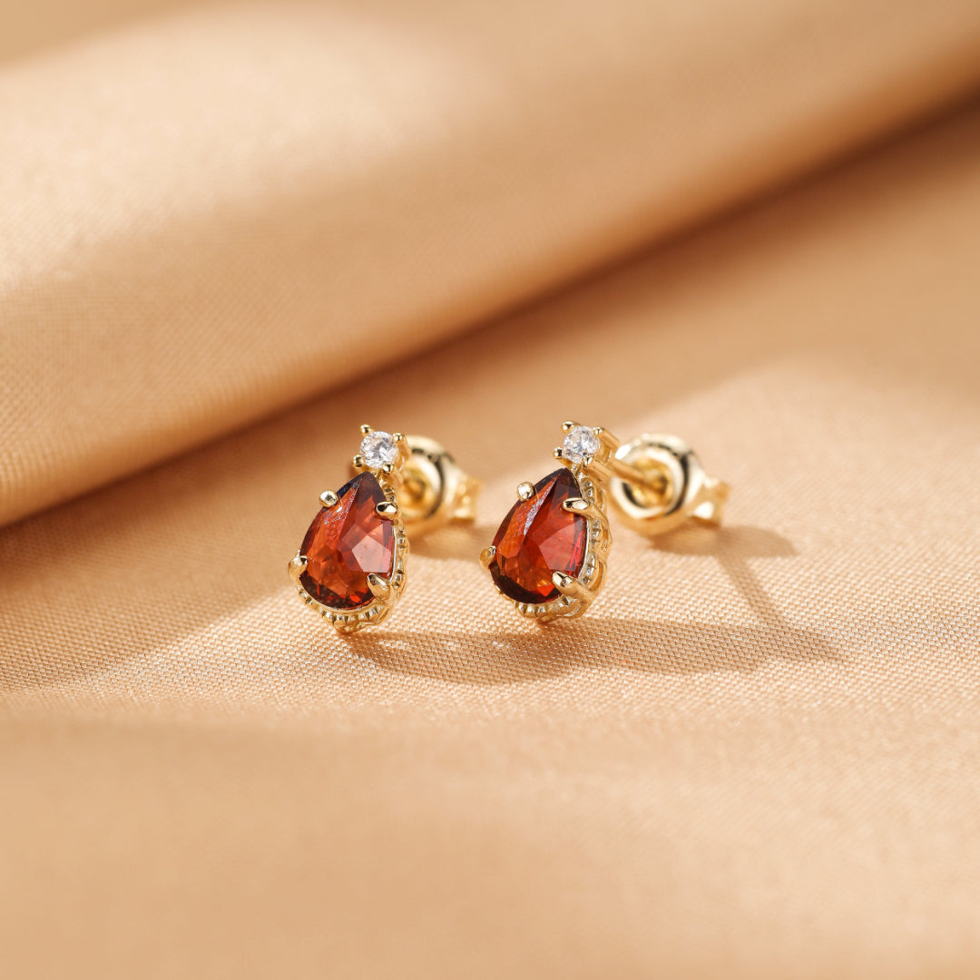 Boucles d’oreilles Grenat – Goutte de Feu, Argent Plaqué Or