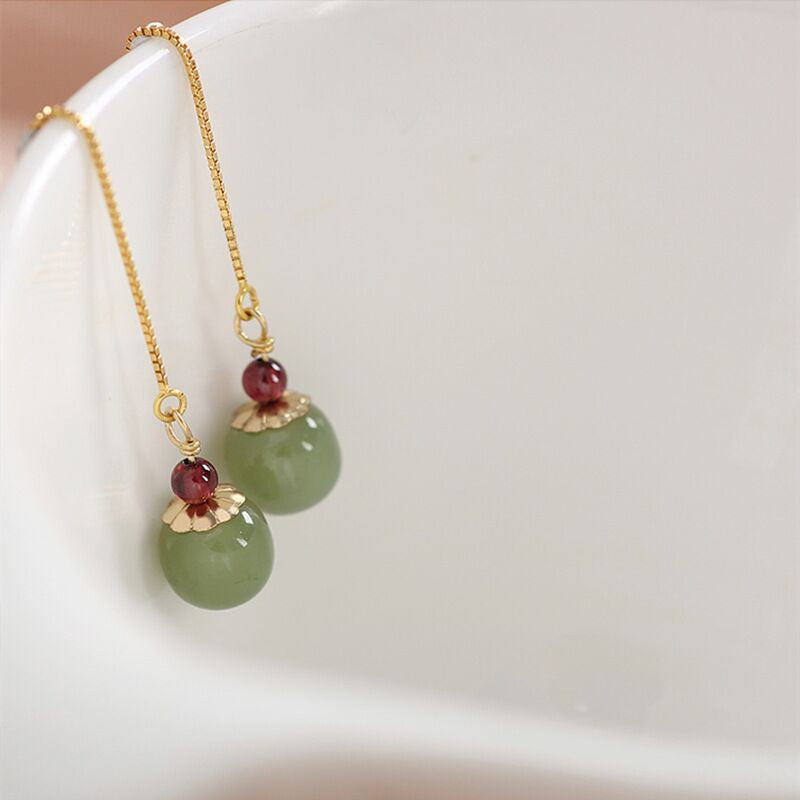 Boucles d’Oreilles Jade et Agate – Fruit, Argent Plaqué Or
