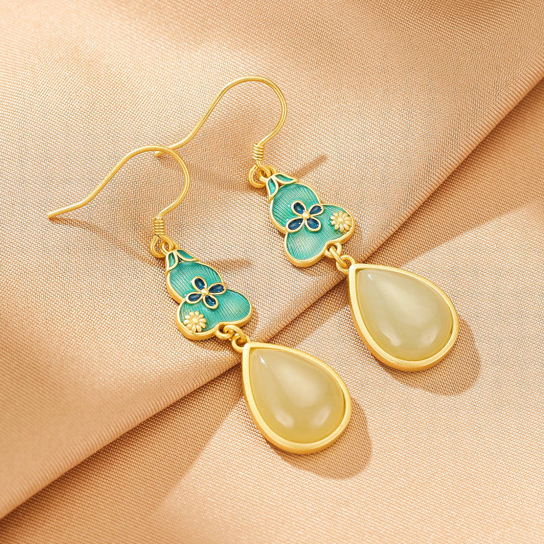 Bijoux-Boucles d'Oreilles Jade – Goutte de Chance, Argent Plaqué Or