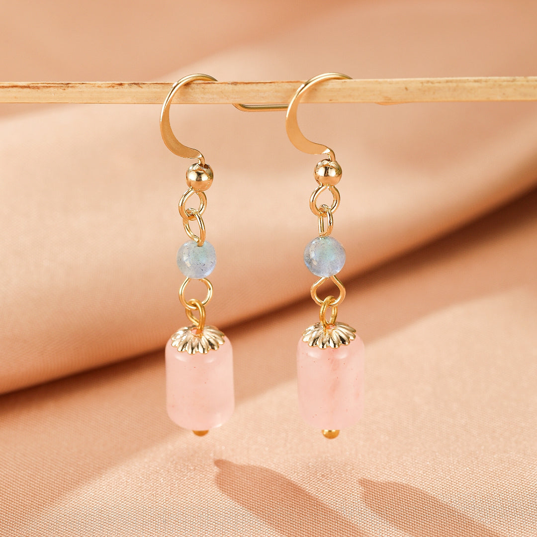 Boucles d’Oreilles Labradorite et Quartz Rose – Douceur d’Éclat