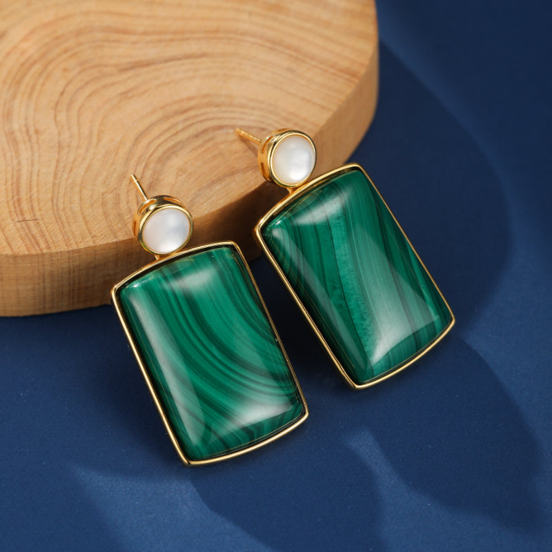 Boucles d'Oreilles Malachite et Nacre – Luminosité Rectangle