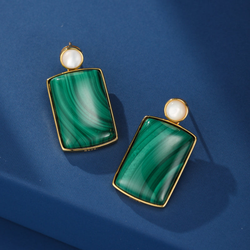 Boucles d'Oreilles Malachite et Nacre – Luminosité Rectangle