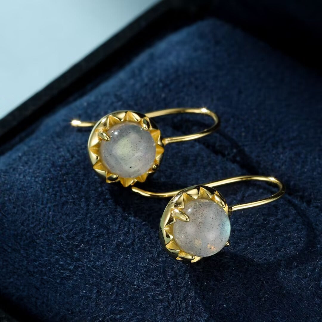 Boucles d’Oreilles Pierre de Lune – Soupir Nocturne, Argent Plaqué Or