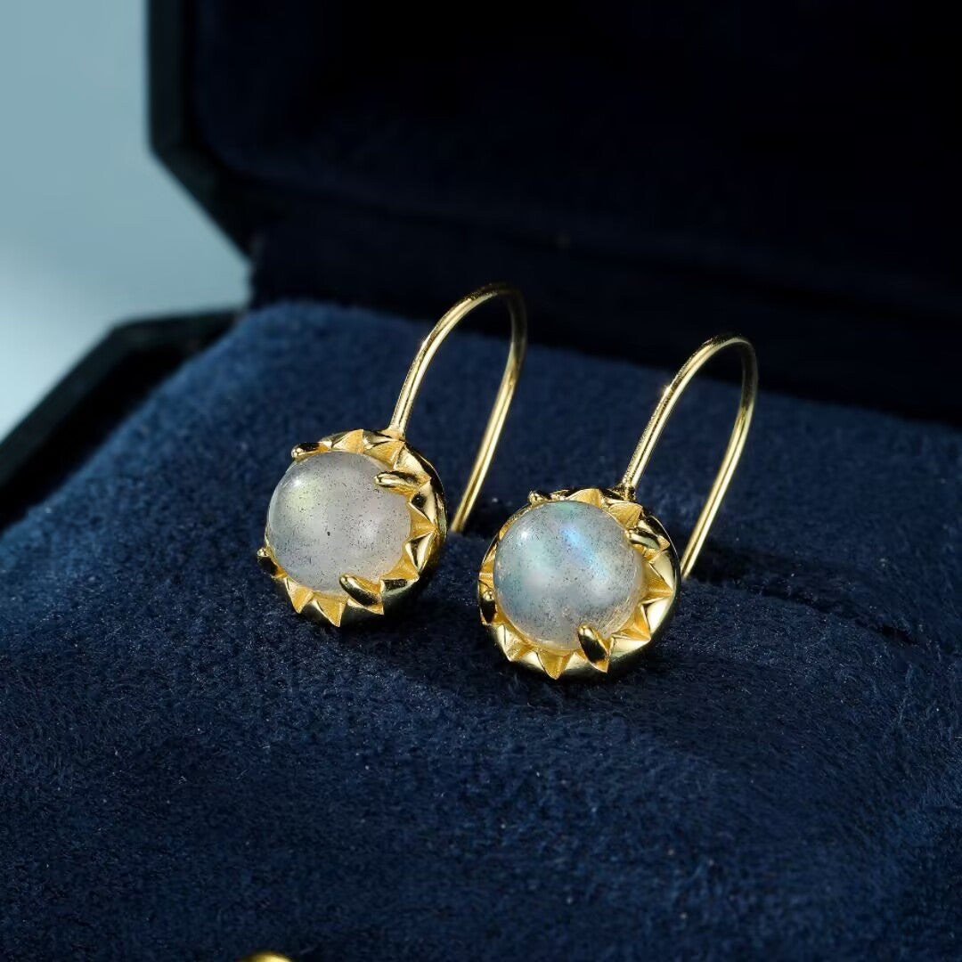 Boucles d’Oreilles Pierre de Lune – Soupir Nocturne, Argent Plaqué Or