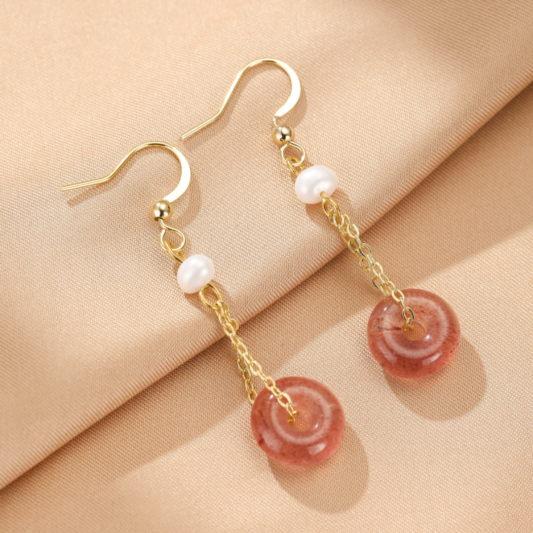 Boucles d’oreilles Quartz Fraise et Perle – Éclat Délicat