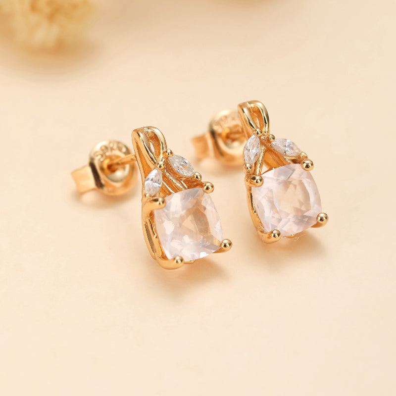 Boucles d'Oreilles Quartz Rose – Élégant Feuillu, Argent Plaqué Or
