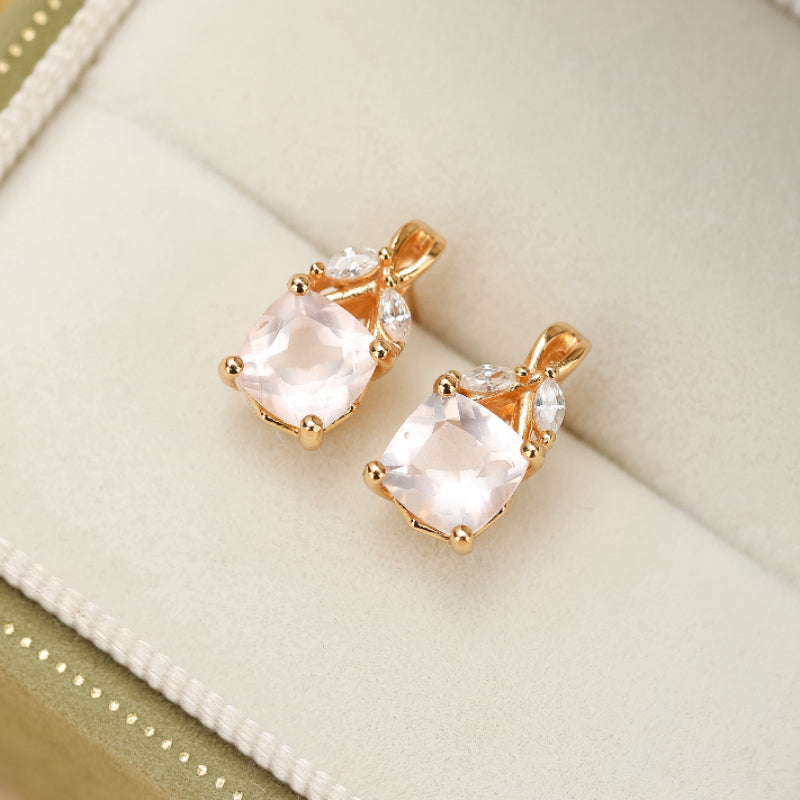 Boucles d'Oreilles Quartz Rose – Élégant Feuillu, Argent Plaqué Or