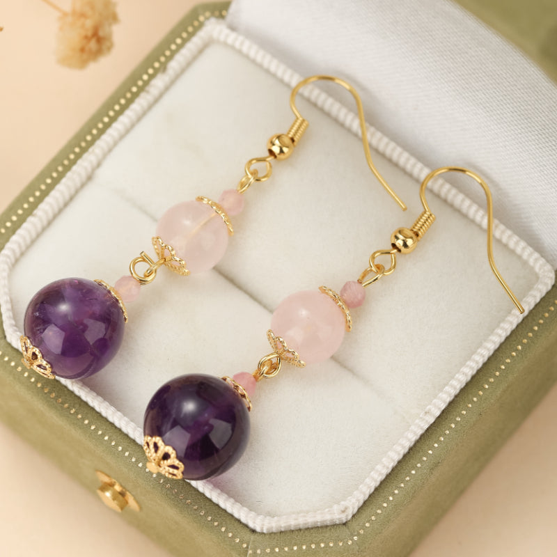 Boucles d'Oreilles Quartz Rose et Améthyste – Plongée Ether