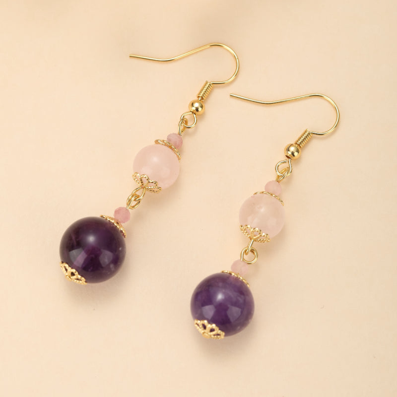 Boucles d'Oreilles Quartz Rose et Améthyste – Plongée Ether