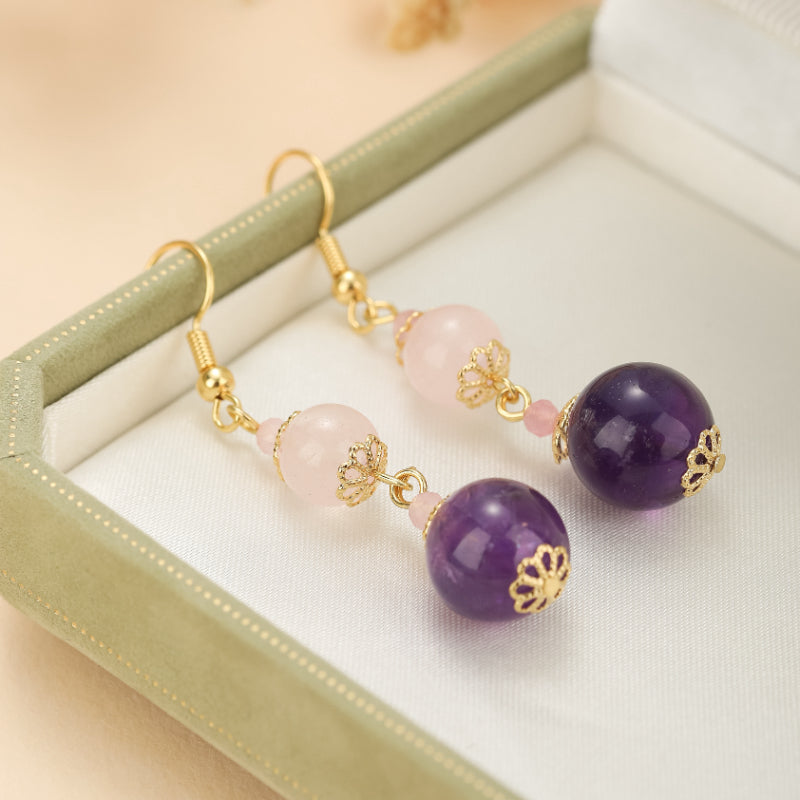 Boucles d'Oreilles Quartz Rose et Améthyste – Plongée Ether