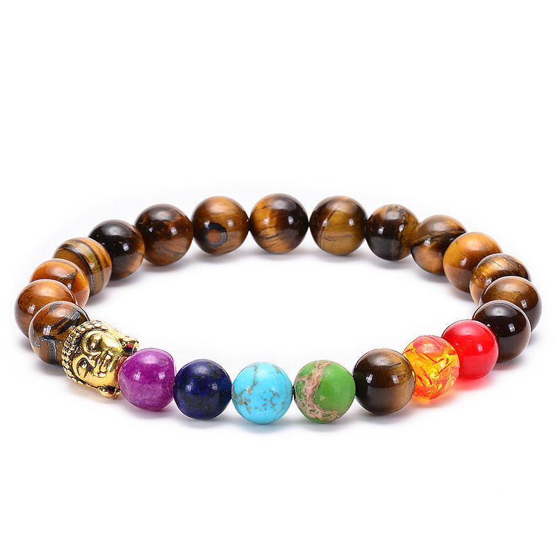 Bracelet 7 Chakras avec tête de Bouddha dorée et perles en œil de tigre et pierres naturelles colorées
