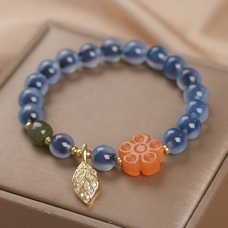 Bracelet Agate Bleue – Feuille Dorée