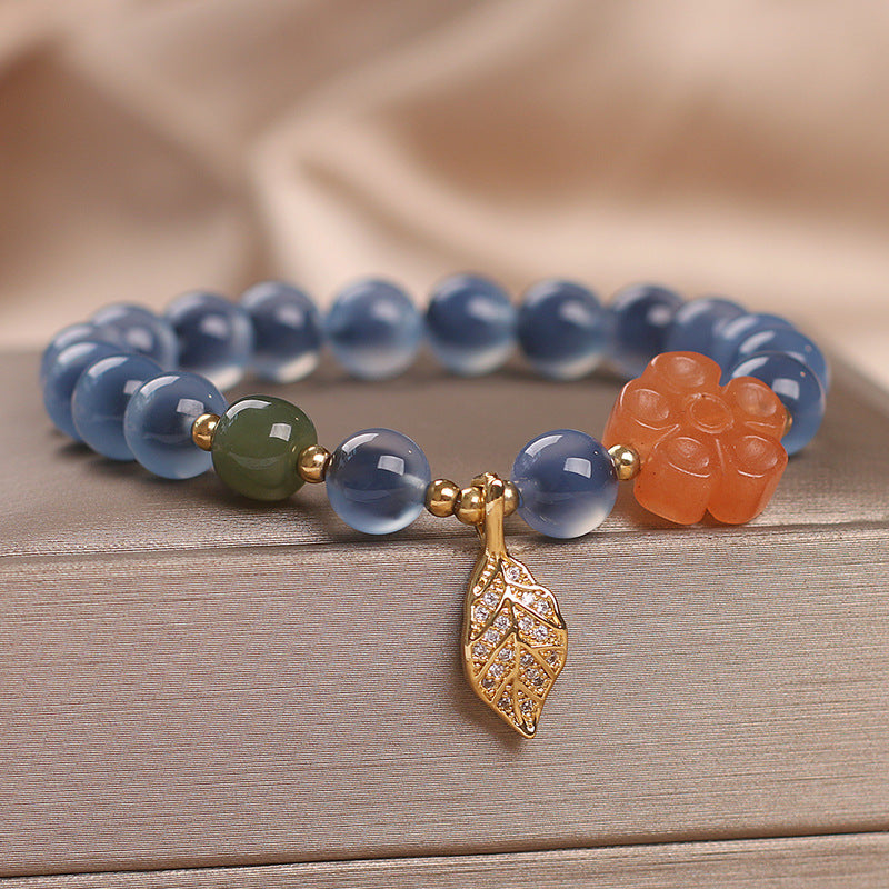 Bracelet Agate Bleue – Feuille Dorée