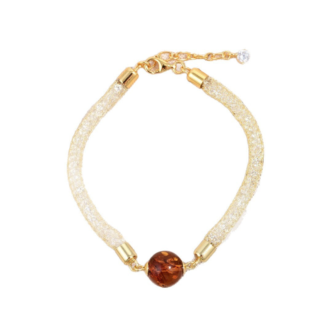 Bracelet élégant en ambre véritable et maille dorée avec fermoir en argent plaqué or, design raffiné