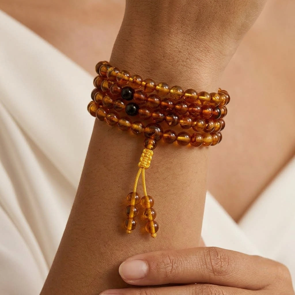 Bracelet Ambre Trésor d'Ambre composé de perles d'ambre naturel aux tons chauds porté autour du poignet
