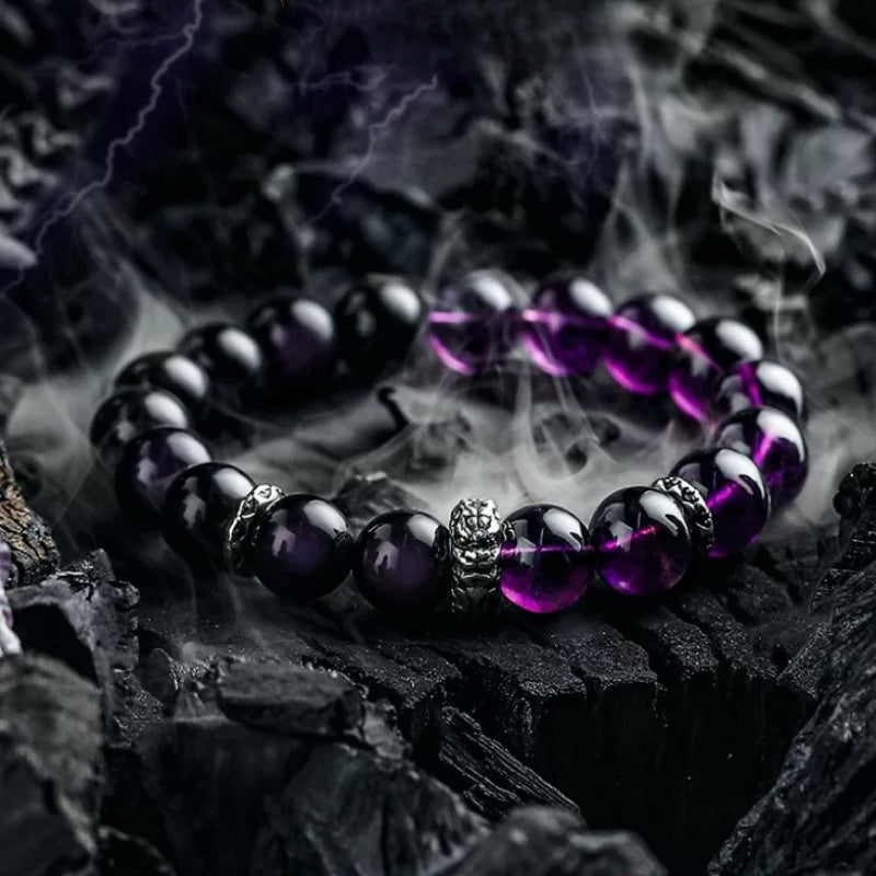 Bracelet Améthyste et Obsidienne – Reflet Sombre, Argent
