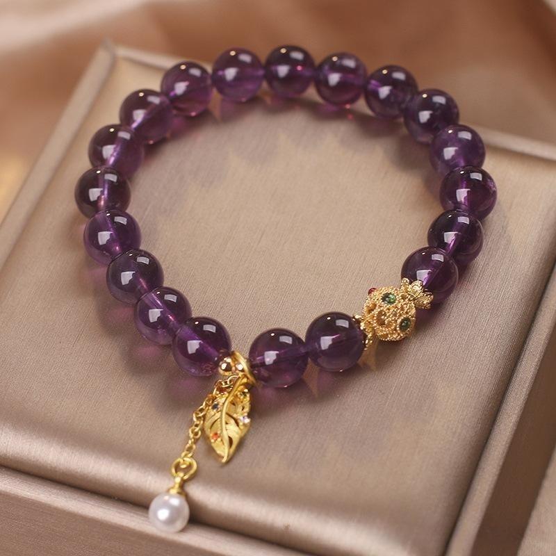 Bracelet Améthyste et Perle – Feuille Dorée