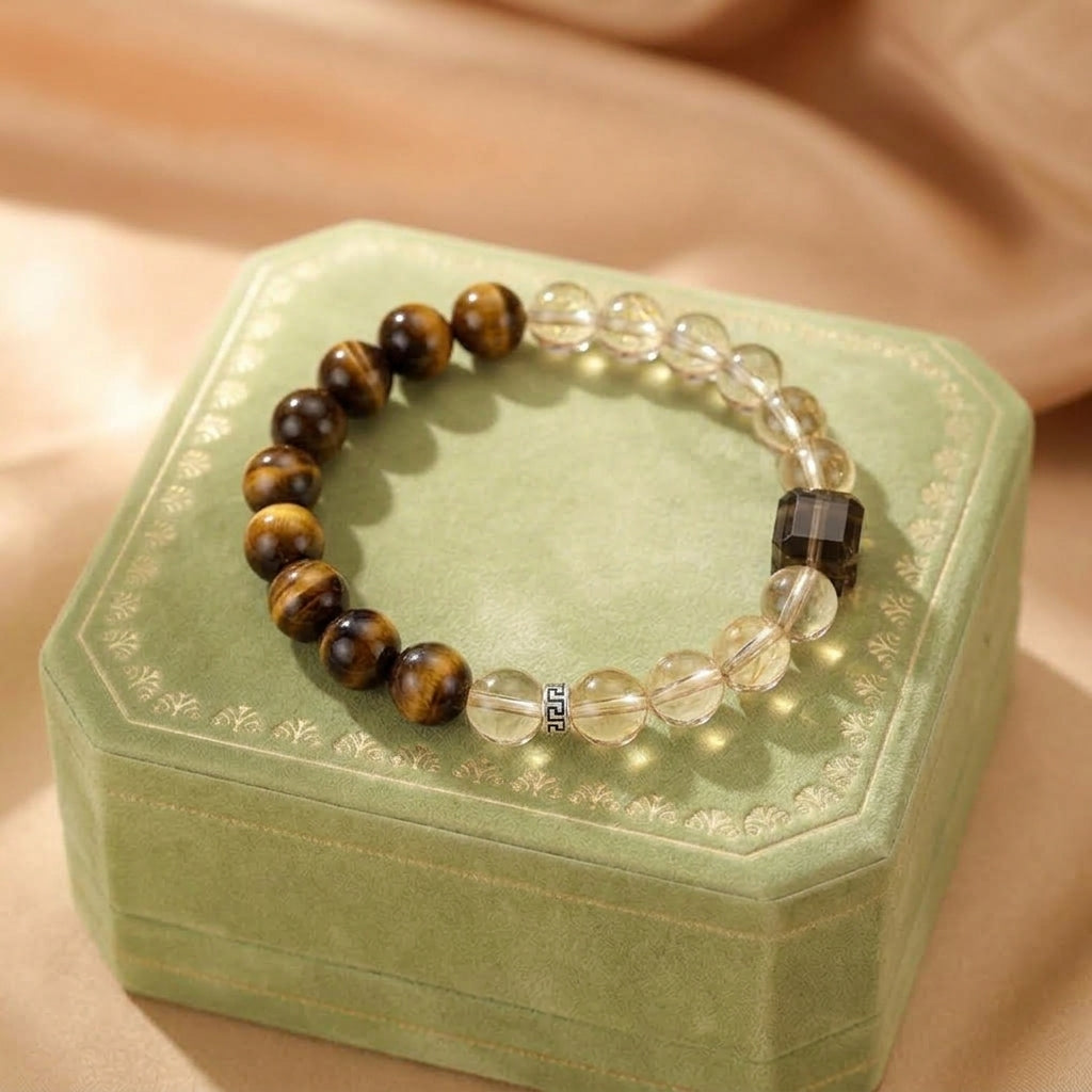 Bracelet de lithothérapie composé de perles naturelles en citrine translucide et œil de tigre brun, orné d'un détail en argent sur un écrin vert.