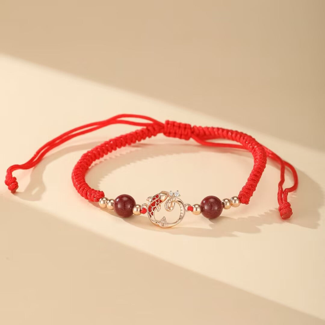 Jade and Cinnabar Bracelet – Serpent of Fortune, Gold Plated Silver