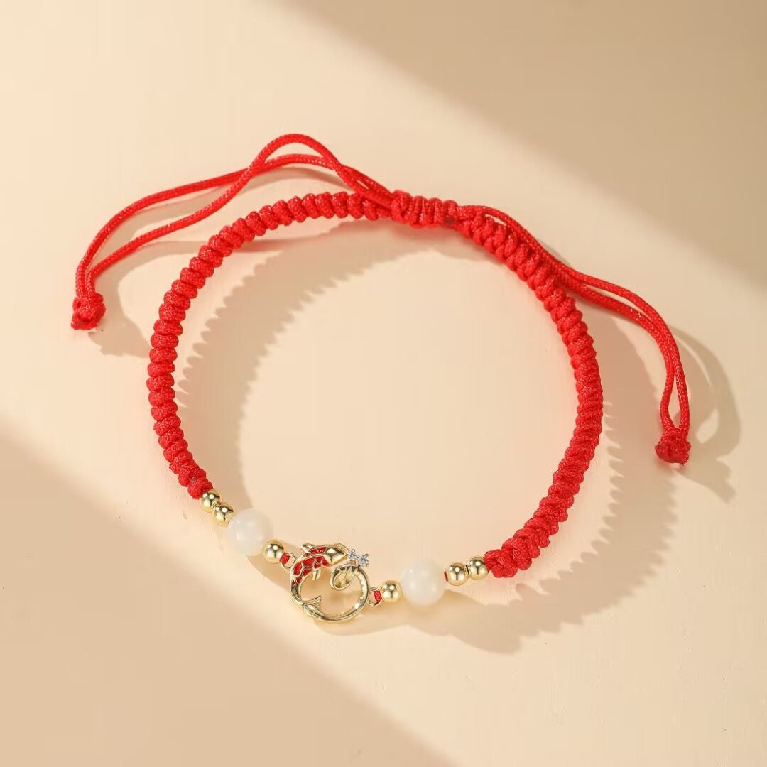 Jade and Cinnabar Bracelet – Serpent of Fortune, Gold Plated Silver
