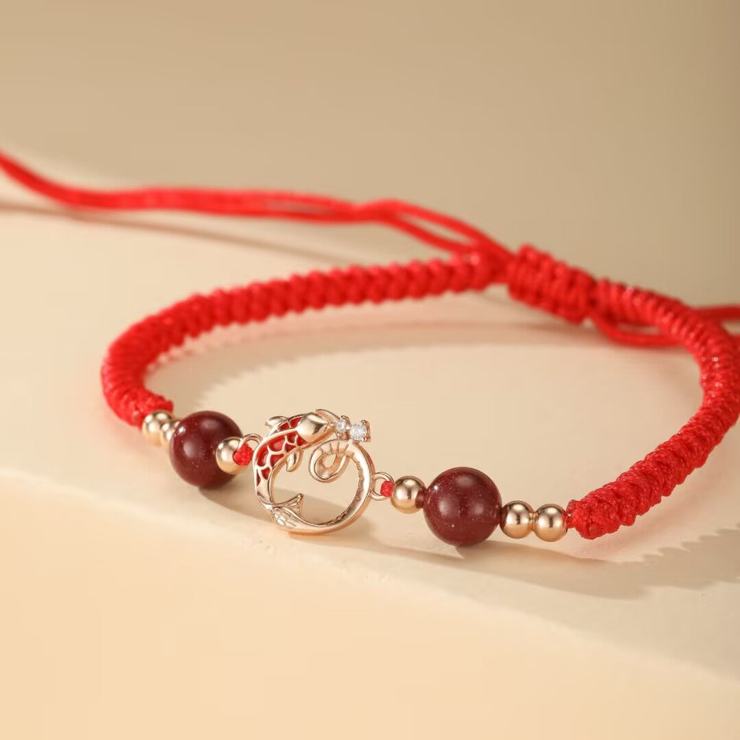 Jade and Cinnabar Bracelet – Serpent of Fortune, Gold Plated Silver
