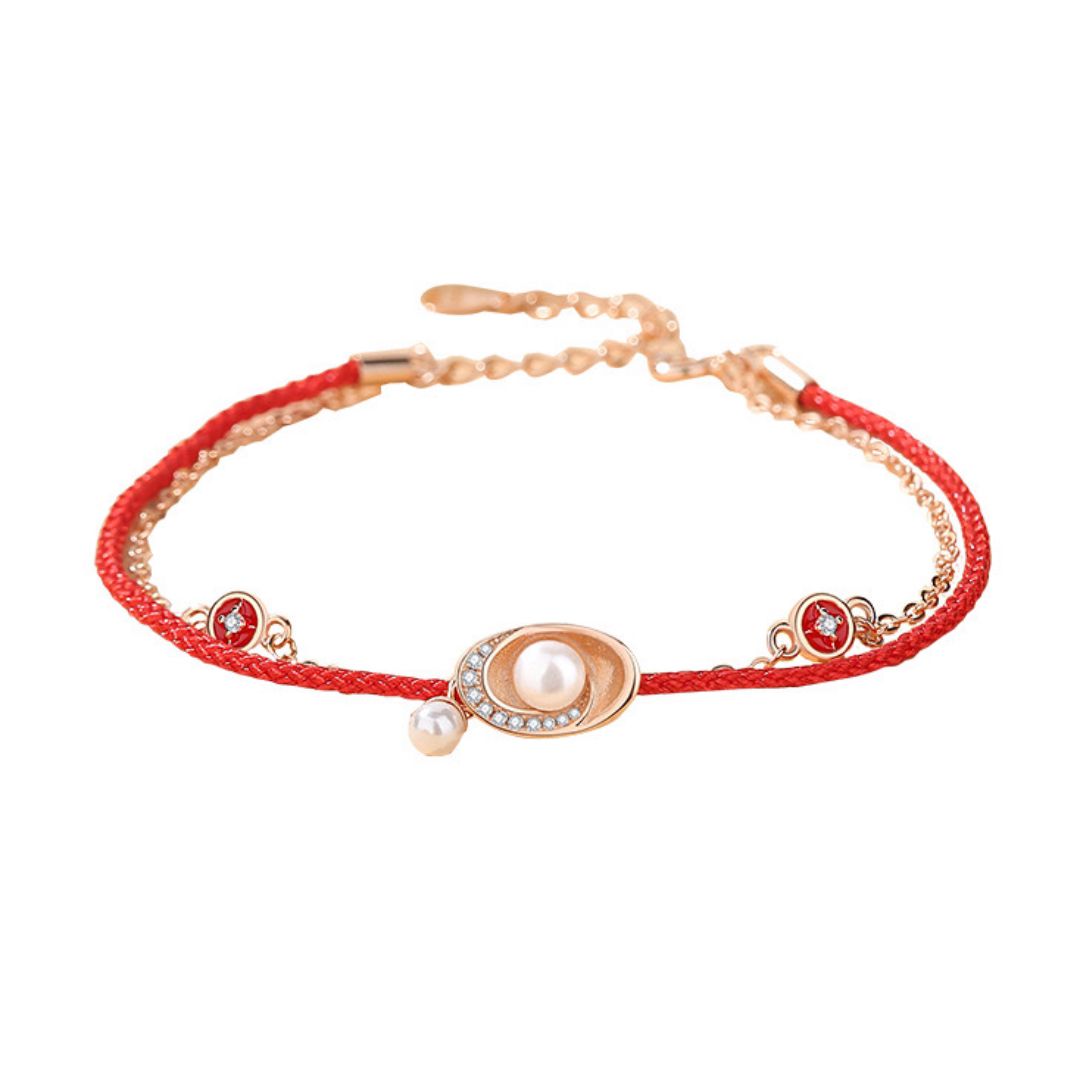 Bracelet Cordon Rouge et Perle – Trésor Marin, Argent Plaqué Or