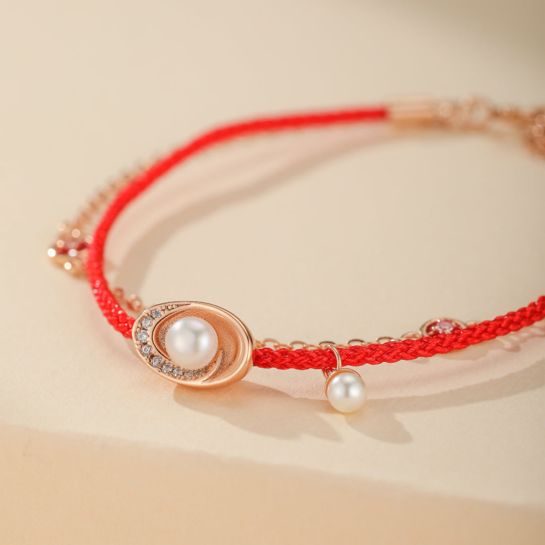 Bracelet Cordon Rouge et Perle – Trésor Marin, Argent Plaqué Or
