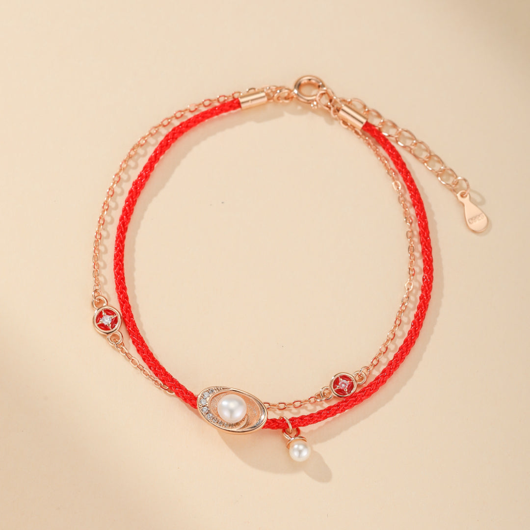 Bracelet Cordon Rouge et Perle – Trésor Marin, Argent Plaqué Or