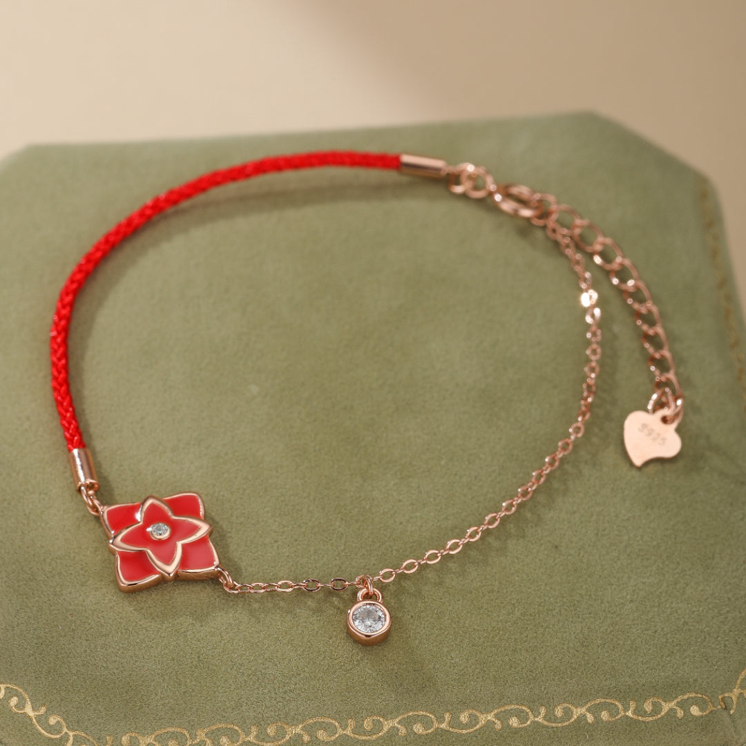 Bracelet Cordon Rouge – Fleur de Chance, Argent 925