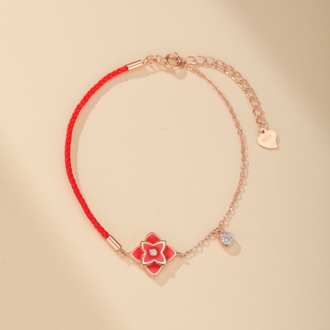 Bracelet Cordon Rouge – Fleur de Chance, Argent 925