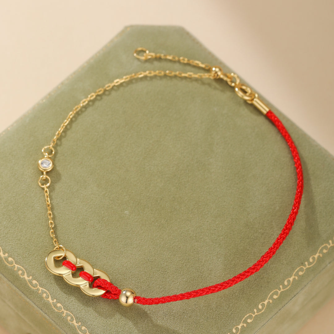 Red Cord Bracelet – Lucky Coins, 18K Gold Plated Silver