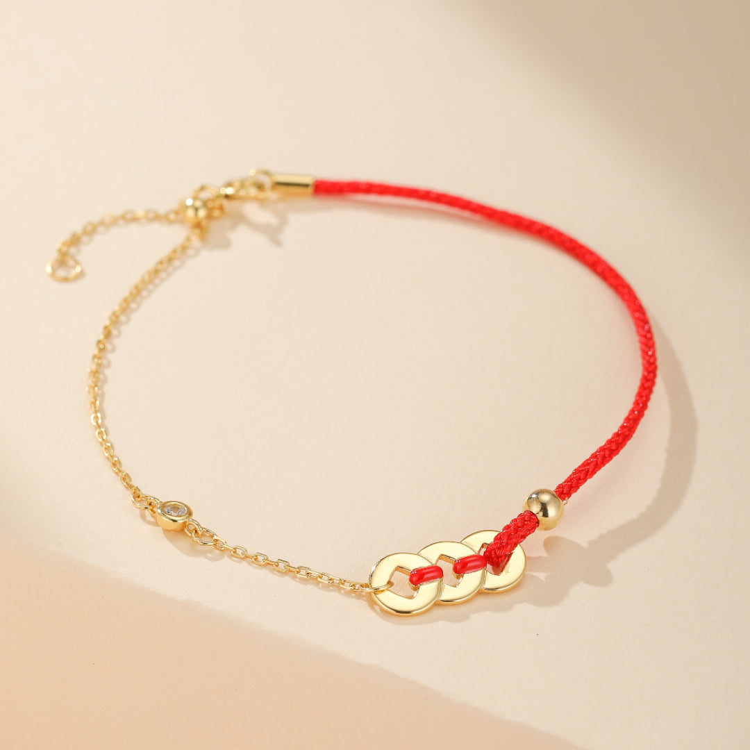 Red Cord Bracelet – Lucky Coin, 18K Gold Plated Silver