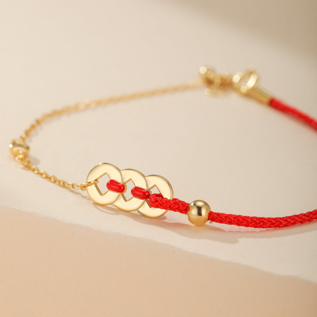 Red Cord Bracelet – Lucky Coin, 18K Gold Plated Silver