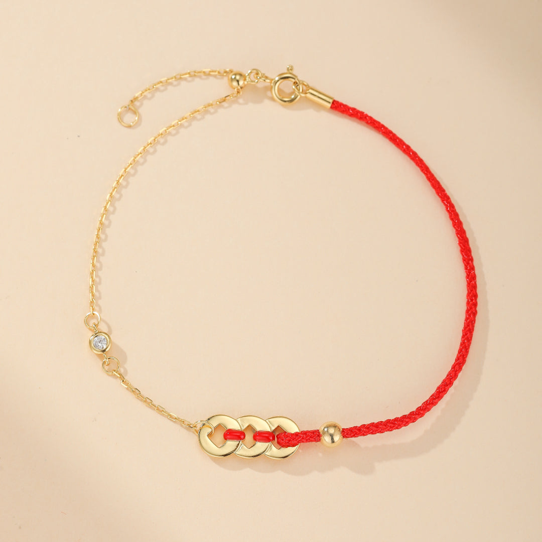 Red Cord Bracelet – Lucky Coins, 18K Gold Plated Silver